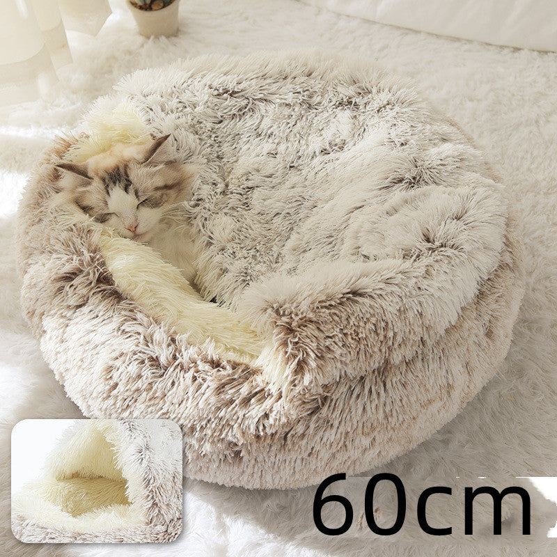 2 in 1 Dog and Cat Bed Round Plush Winter House Soft Warm Pet Bed