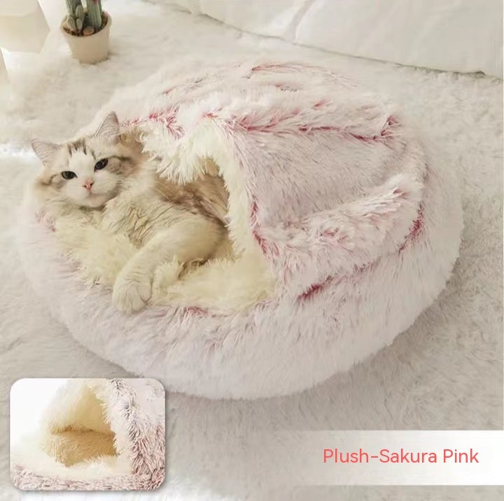 2 in 1 Dog and Cat Bed Round Plush Winter House Soft Warm Pet Bed