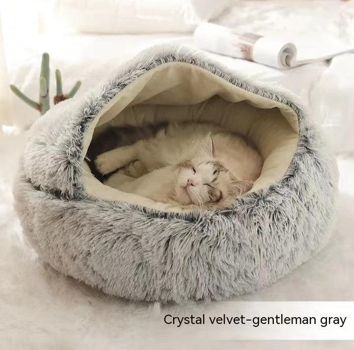 2 in 1 Dog and Cat Bed Round Plush Winter House Soft Warm Pet Bed