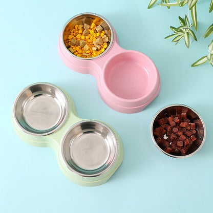 Double Pet Bowls Dog Food Water Feeder Stainless Steel