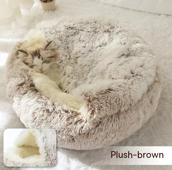 2 in 1 Dog and Cat Bed Round Plush Winter House Soft Warm Pet Bed